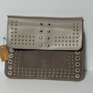 HELLO 3aM Grey Leather Suede Purse w/Gold Studs